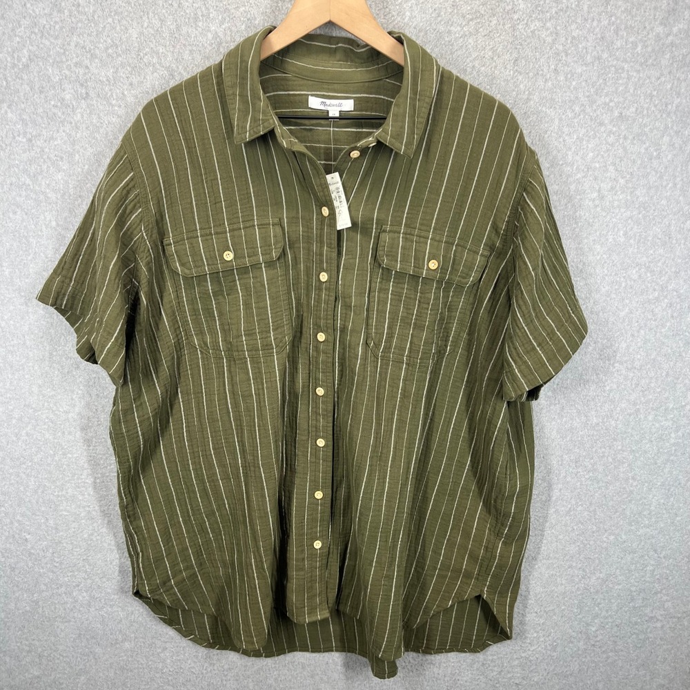 Madewell Olive Green Striped Button-Down Shirt